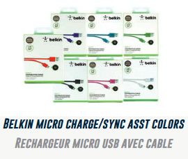 Lot 869 Rechargeurs Micro USB avec Câble, Couleurs Assorties Accessoires Cellulaires Lots de surplus Belkin-micro
