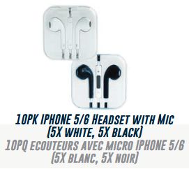 Lot 535 Paquets de 10 Écouteurs avec Micro Iphone 5/6 Blancs et Noirs Accessoires Électronique Lots de surplus Ip-955c-wh