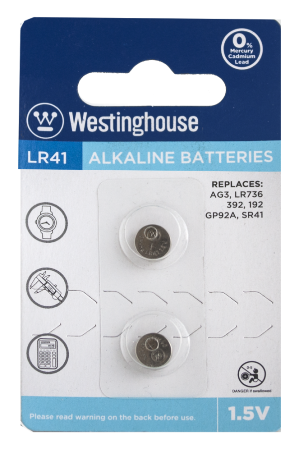 Lot 9583 Paquets de 2 Batteries Alcalines LR-41, 1,5V, WESTINGHOUSE Batteries Lots de surplus Lr41-bp2