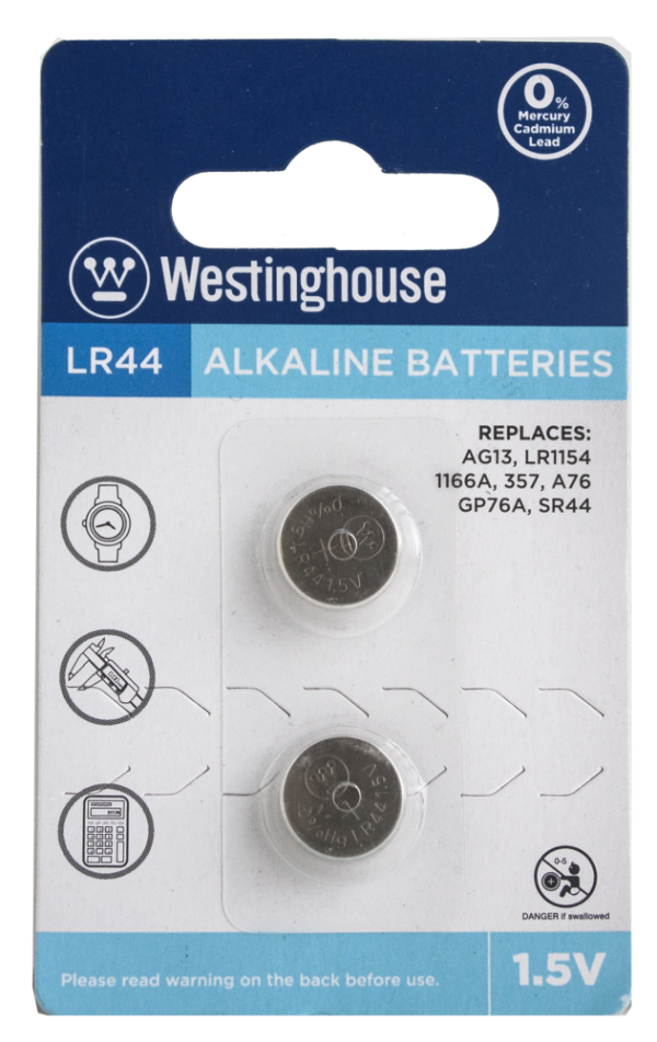 Lot 9582 Paquets de 2 Batteries Alcalines LR-44, 1,5V, WESTINGHOUSE Batteries Lots de surplus Lr44-bp2