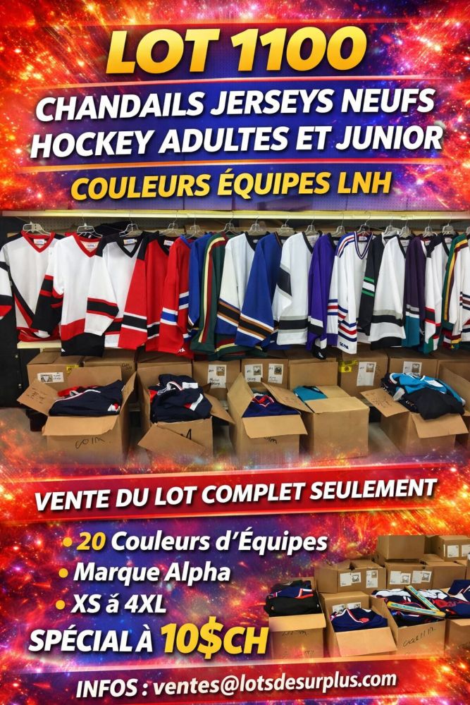 hockeyy Lot 1100 Chandails Jerseys Hockey Adultes et Junior Couleurs Équipes LNH