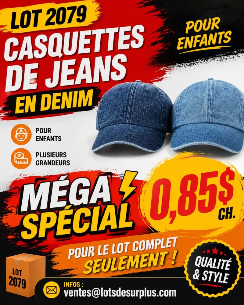 casq23 Lot 2079 Casquettes Jeans en Denim Enfants, 0,85$ch pour lot complet Lots en Promotion