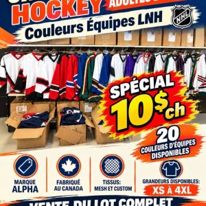 hockey1 Lot 1100 Chandails Jerseys Hockey Adultes et Junior Couleurs Équipes LNH Lots en Promotion