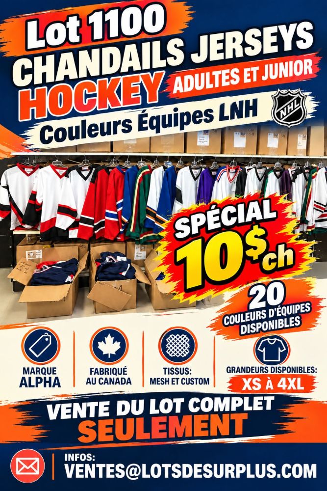 hockey1 Lot 1100 Chandails Jerseys Hockey Adultes et Junior Couleurs Équipes LNH Lots en Promotion