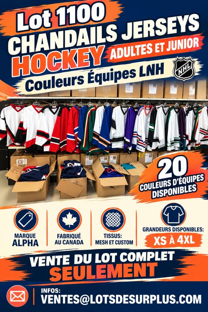 hockey1 Lot 1100 Chandails Jerseys Hockey Adultes et Junior Couleurs Équipes LNH