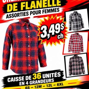 chem Lot 3500 Chemises Manches Longues de Flanelle Assorties pour Femmes