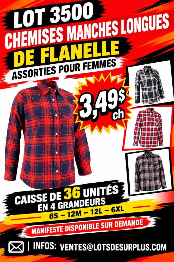 chem Lot 3500 Chemises Manches Longues de Flanelle Assorties pour Femmes