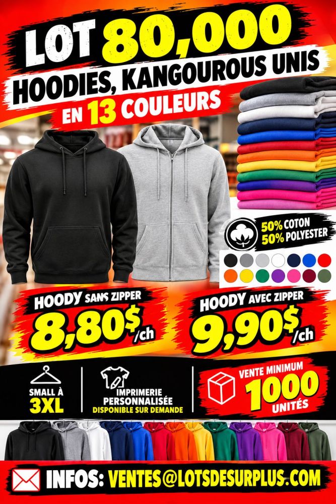 hoodii Lot 80,000 Hoodies, Kangourous Unis en 13 Couleurs